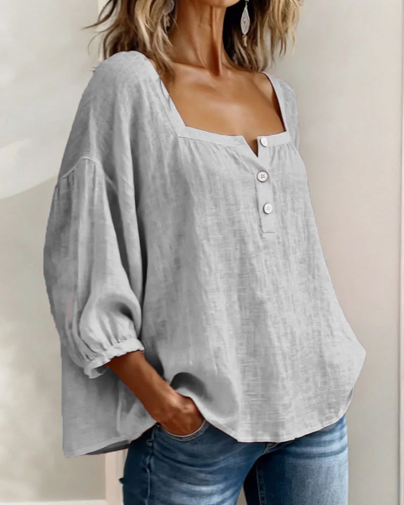Blouse en lin femme à encolure carrée et manches bouffantes 3/4