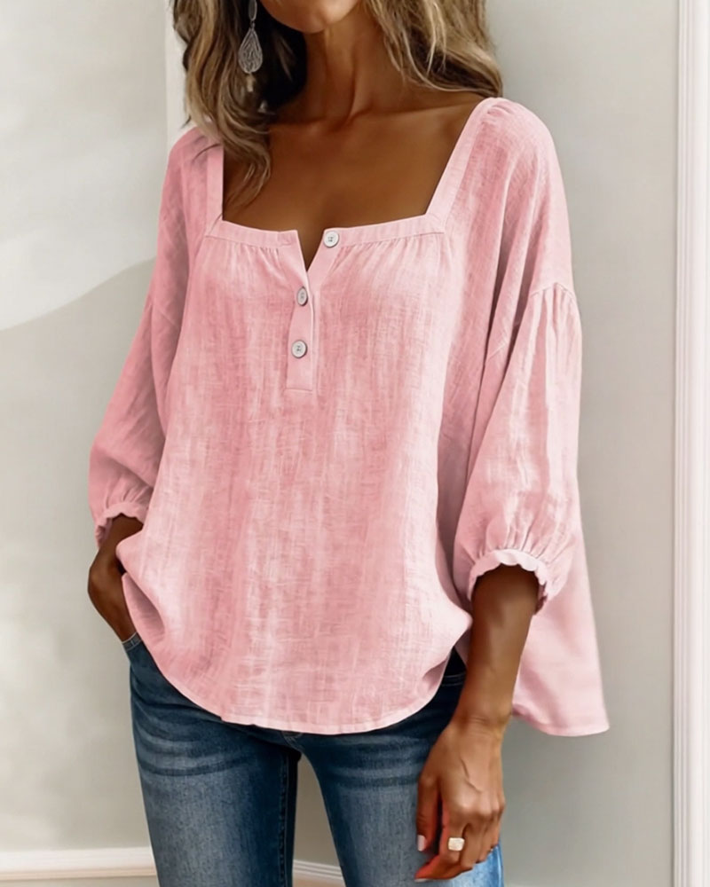 Blouse en lin femme à encolure carrée et manches bouffantes 3/4