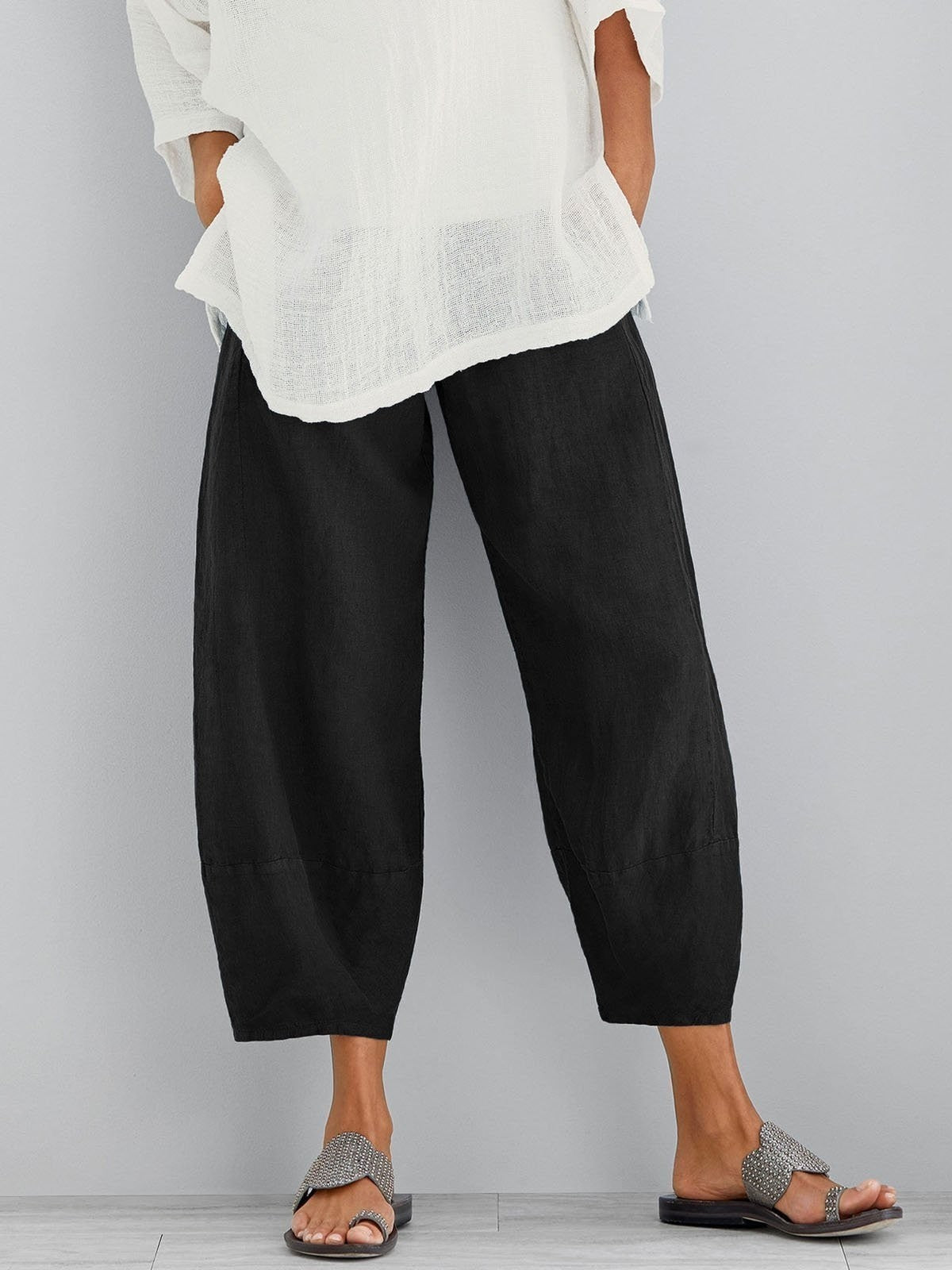 Pantalon court femme en coton à taille élastique et poches