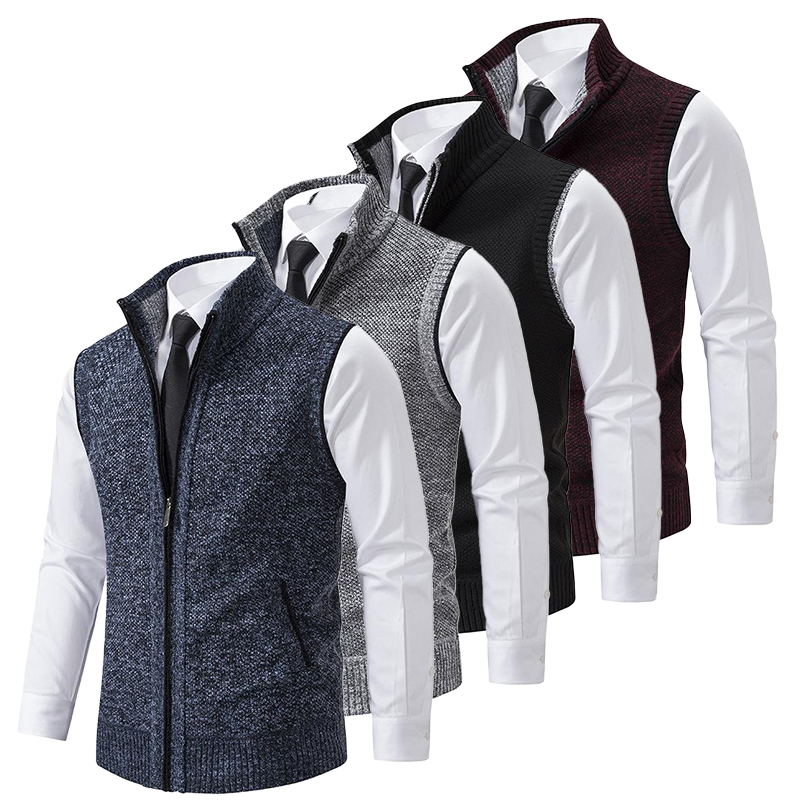 Gilet zippé sans manches pour homme automne élégant texturé en maille chinée avec col montant Jules