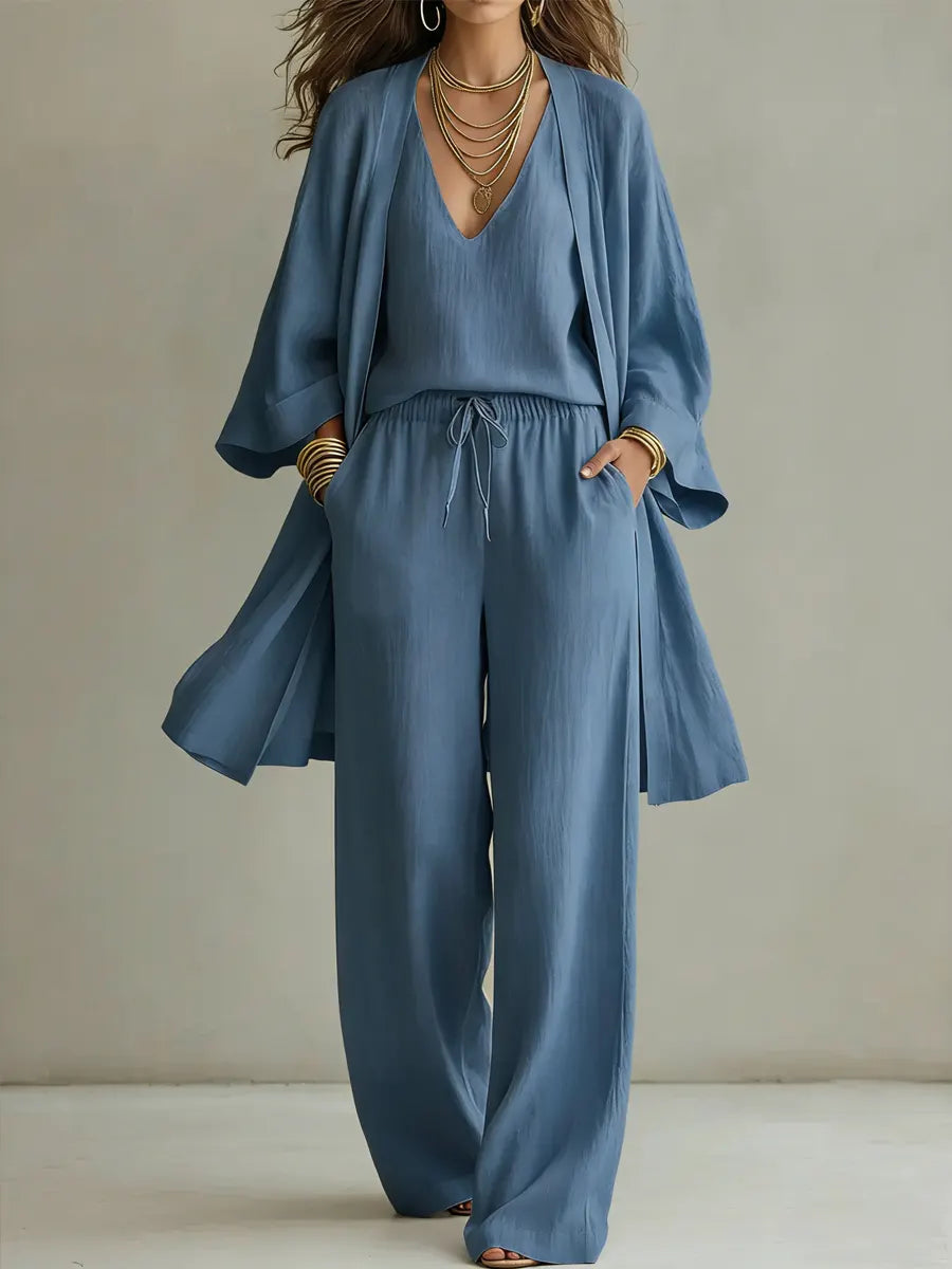 Ensemble femme trois pièces en coton et lin minimaliste