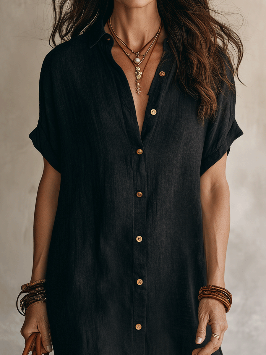 Robe chemise midi en lin et coton à manches courtes