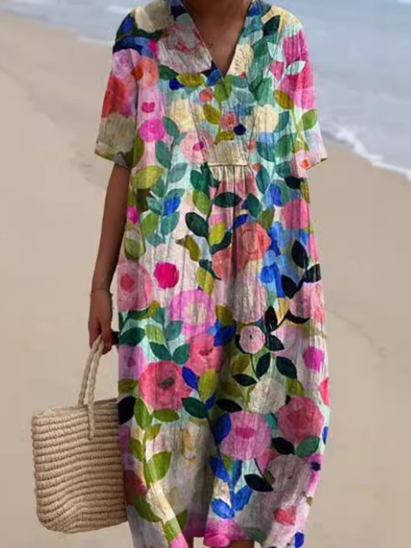 Robe midi fleurie à manches courtes