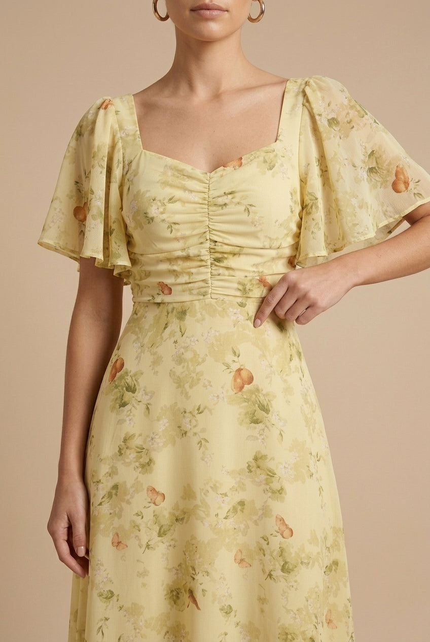 Blanche – Robe maxi à imprimé floral, col carré et manches papillon femme