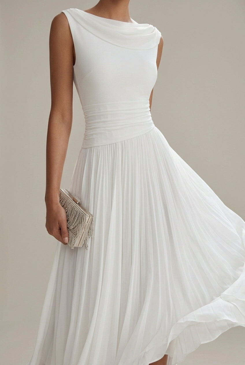 Océane – Robe midi sans manches à col drapé plissé femme