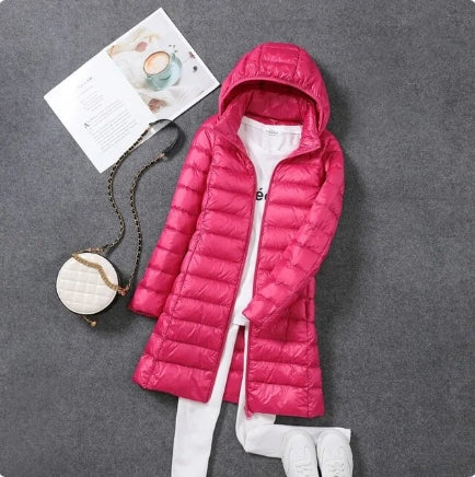 Doudoune femme longue à capuche légère brillante 2