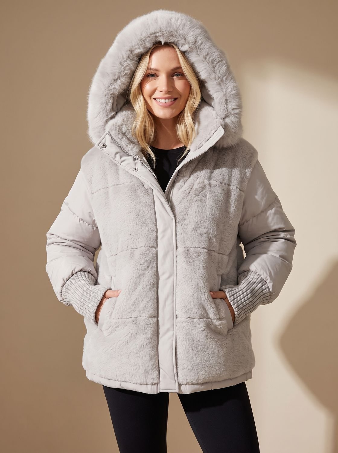 Doudoune oversize femme à capuche en fausse fourrure matelassée 10