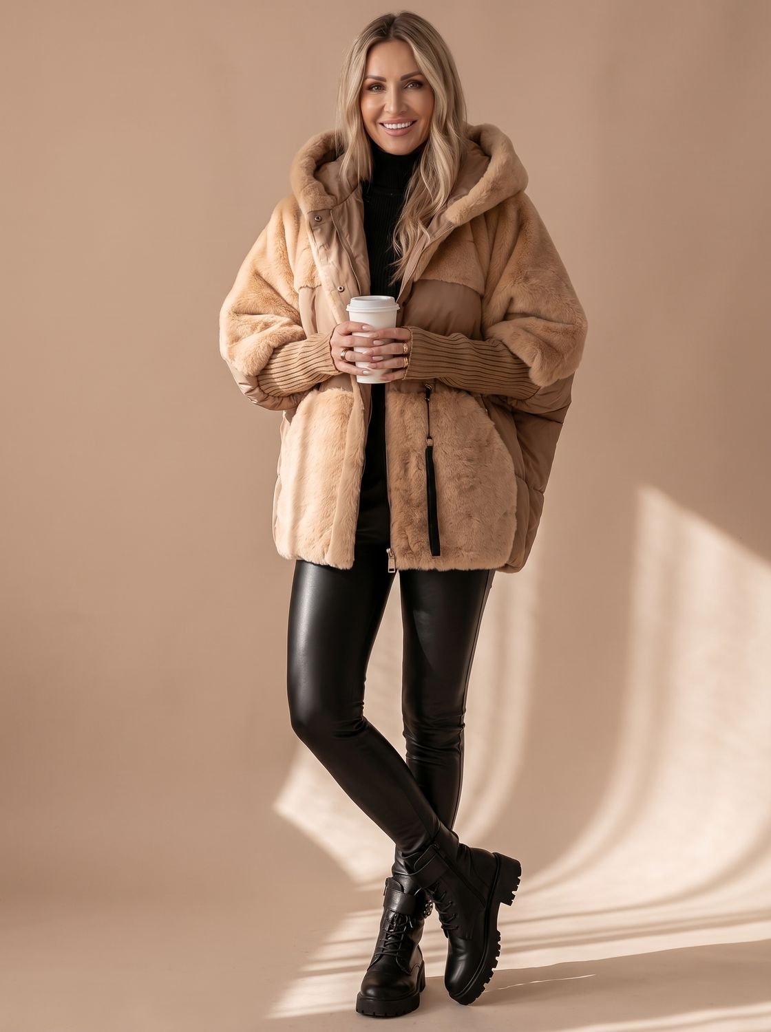 Doudoune oversize femme à capuche en fausse fourrure matelassée 11