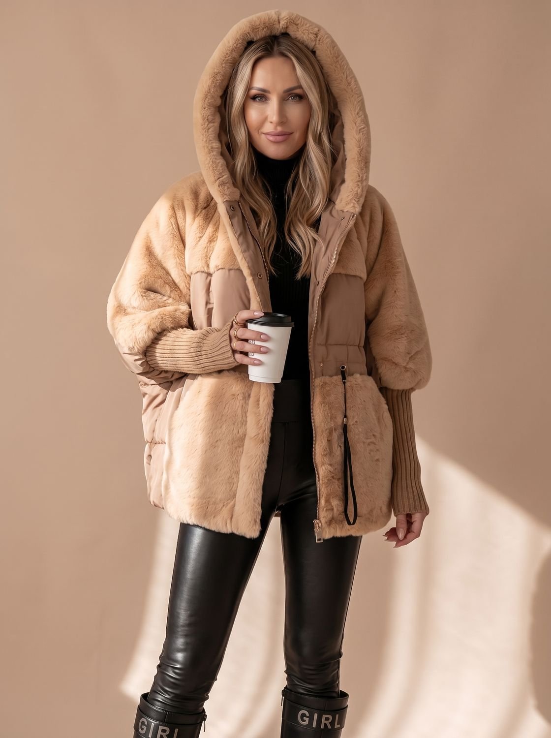 Doudoune oversize femme à capuche en fausse fourrure matelassée 13