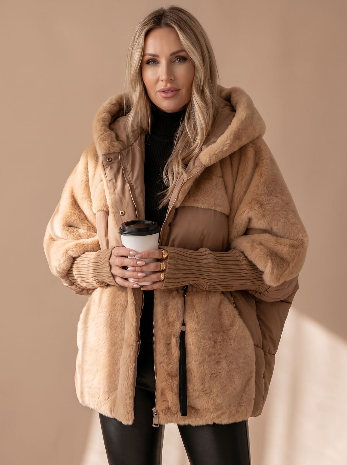 Doudoune oversize femme à capuche en fausse fourrure matelassée 3