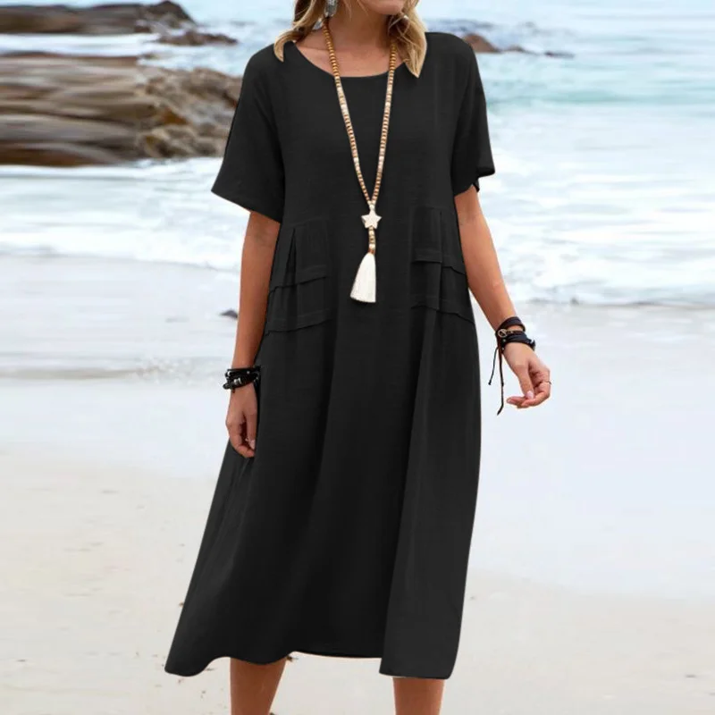 Robe Longue Décontractée à Col Rond – Élégante, Unie et Confortable pour Toutes les Occasions