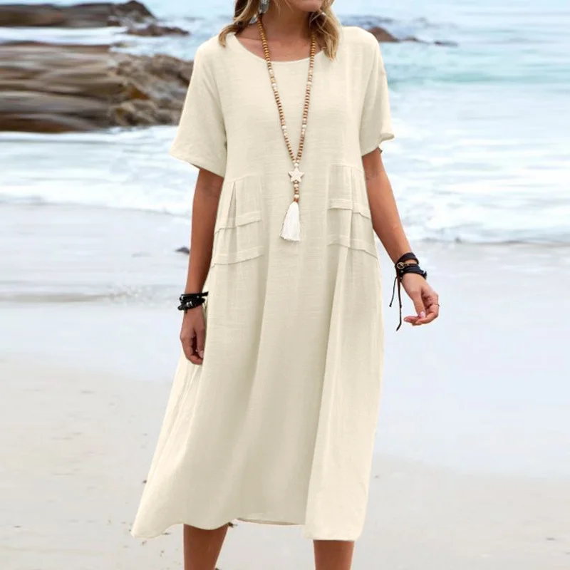 Robe Longue Décontractée à Col Rond – Élégante, Unie et Confortable pour Toutes les Occasions