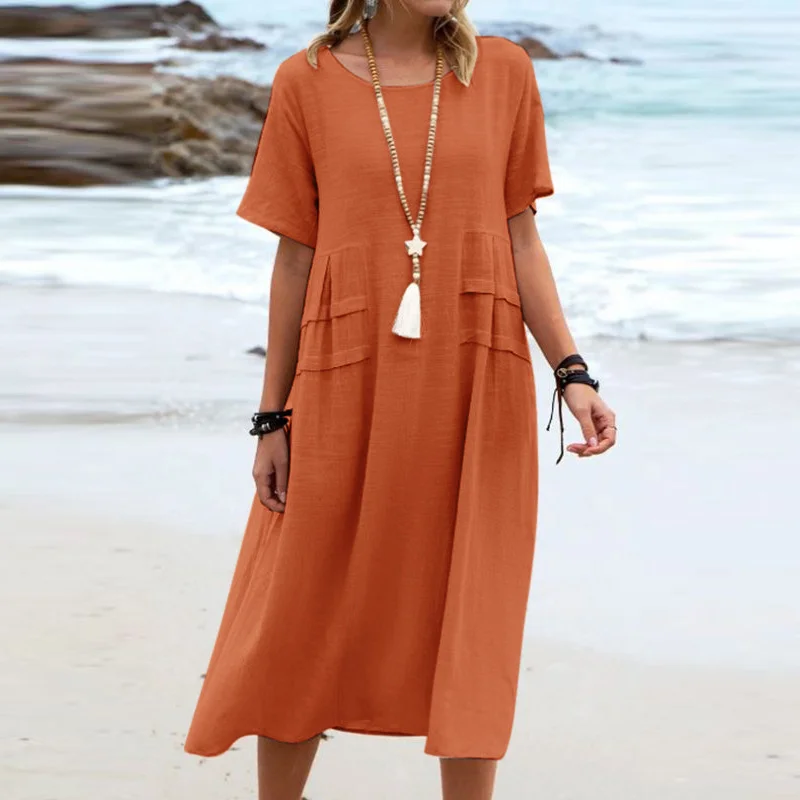 Robe Longue Décontractée à Col Rond – Élégante, Unie et Confortable pour Toutes les Occasions