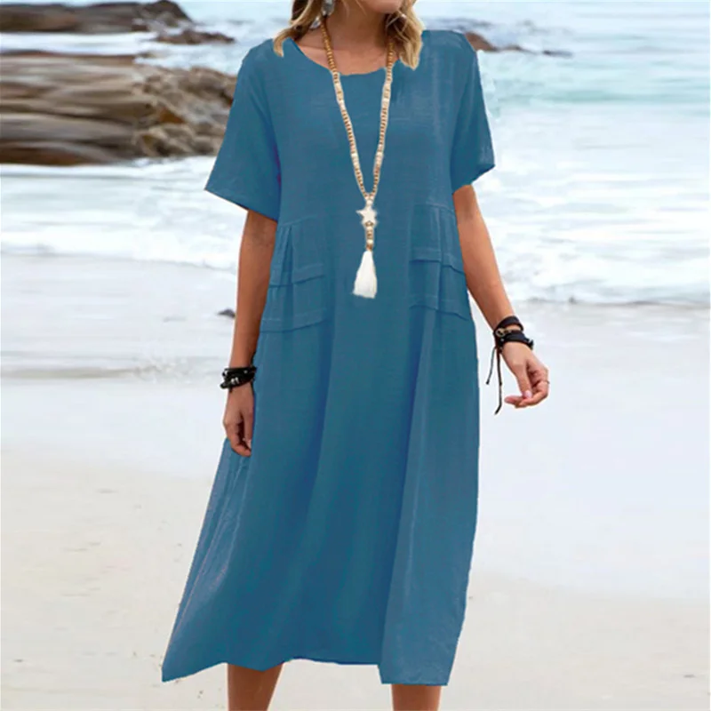 Robe Longue Décontractée à Col Rond – Élégante, Unie et Confortable pour Toutes les Occasions