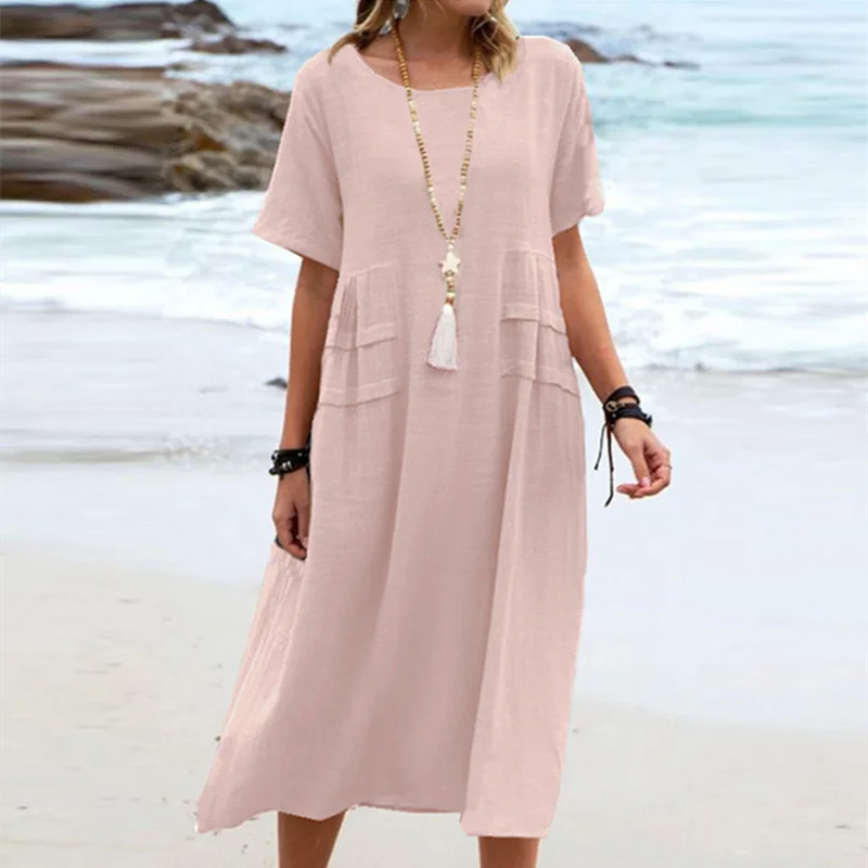 Robe Longue Décontractée à Col Rond – Élégante, Unie et Confortable pour Toutes les Occasions