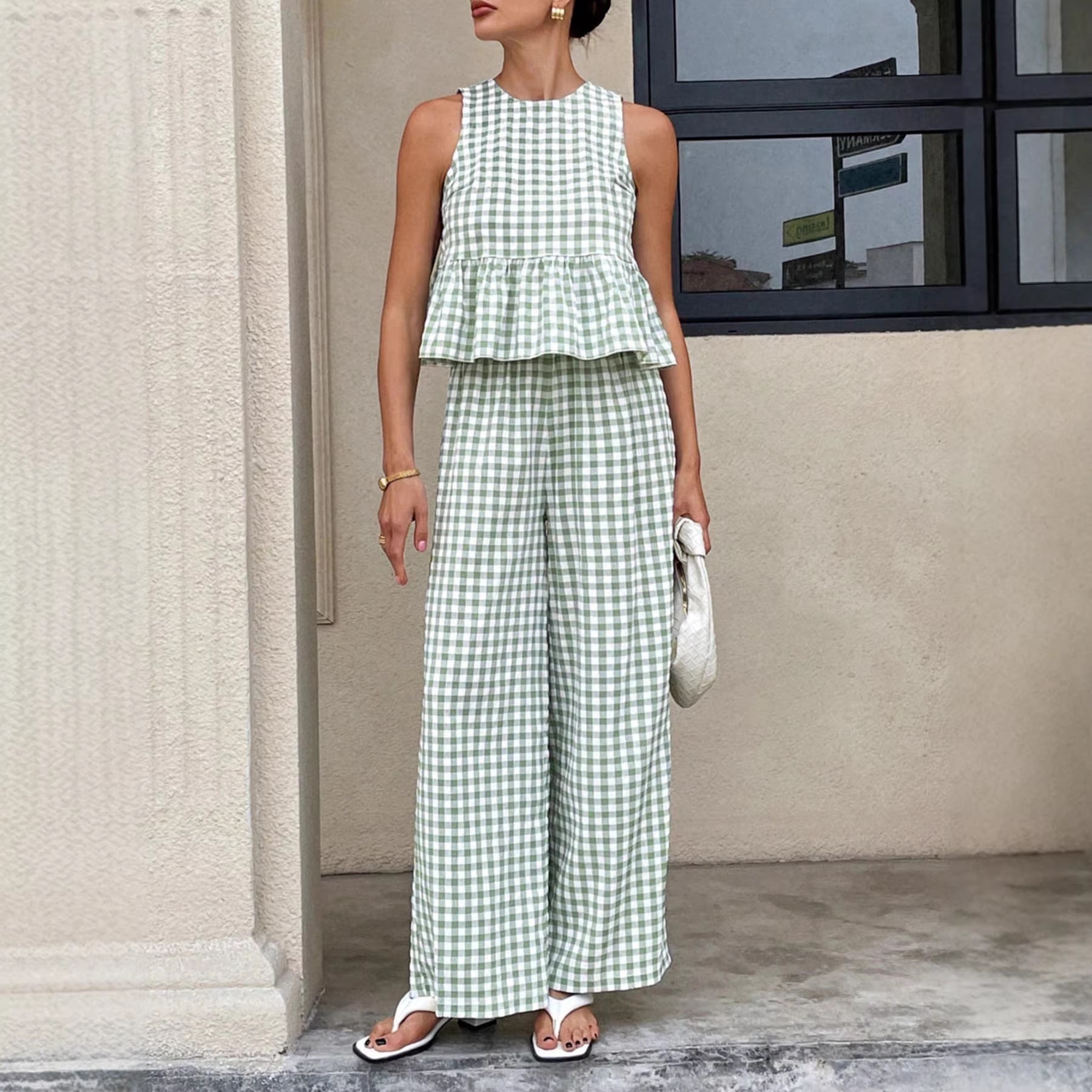 Capucine – Ensemble deux pièces à carreaux vichy : top péplum sans manches et pantalon à jambes larges femme