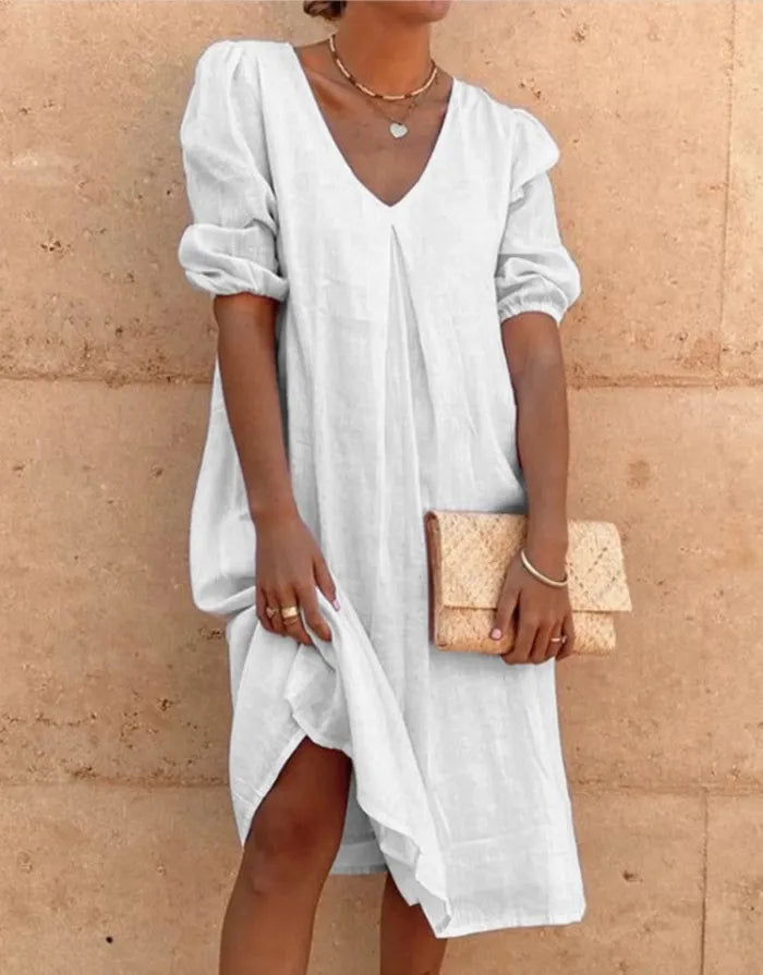 Robe d'été droite pour femme en lin avec col en V et fraîcheur élégante