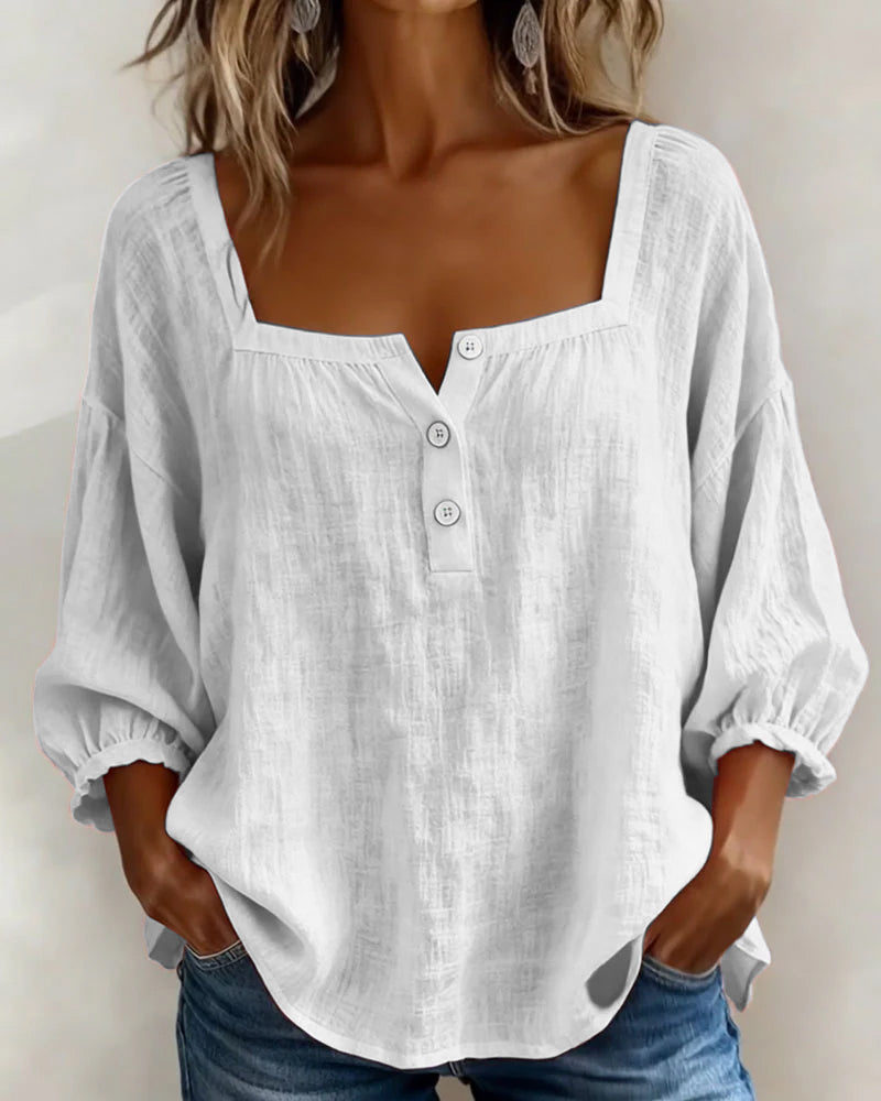 Blouse en lin femme à encolure carrée et manches bouffantes 3/4