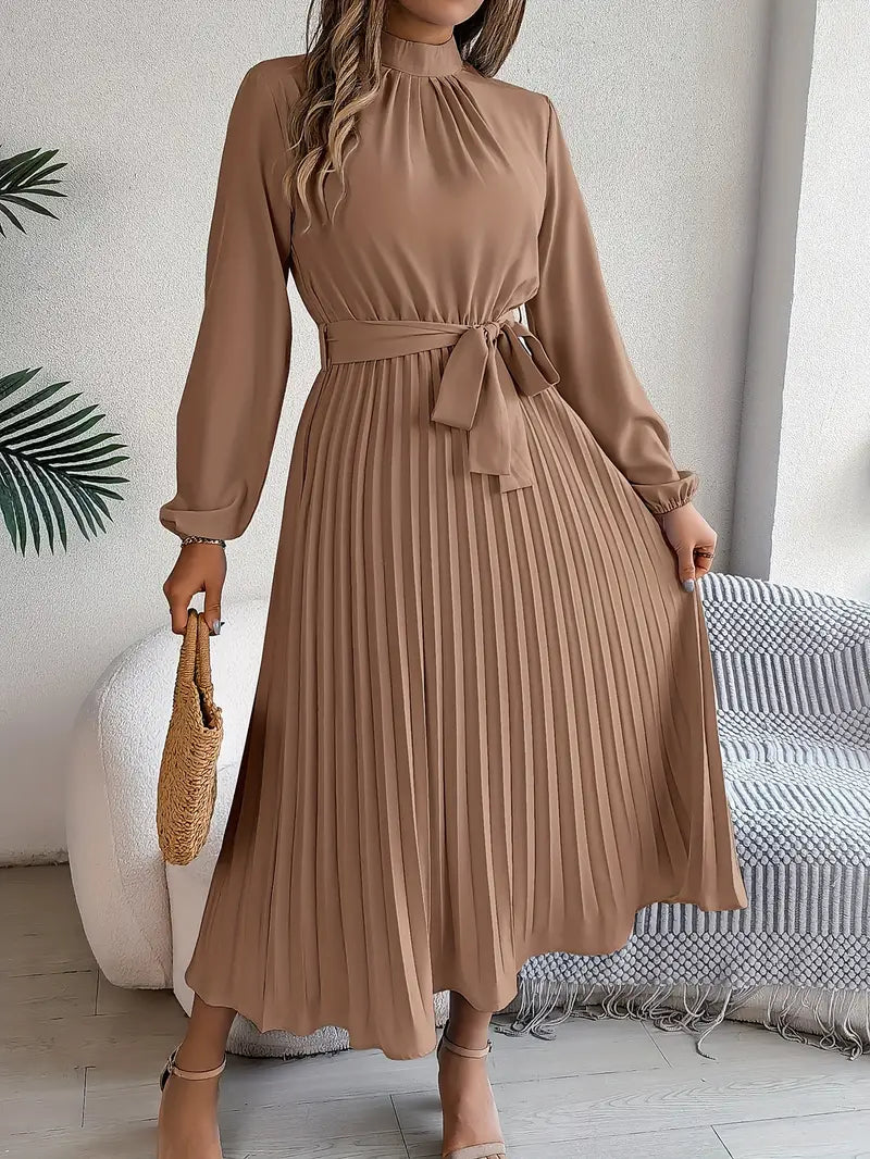 Camille – Robe midi plissée à manches longues avec ceinture femme