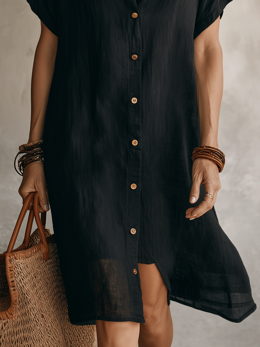 Robe chemise midi en lin et coton à manches courtes