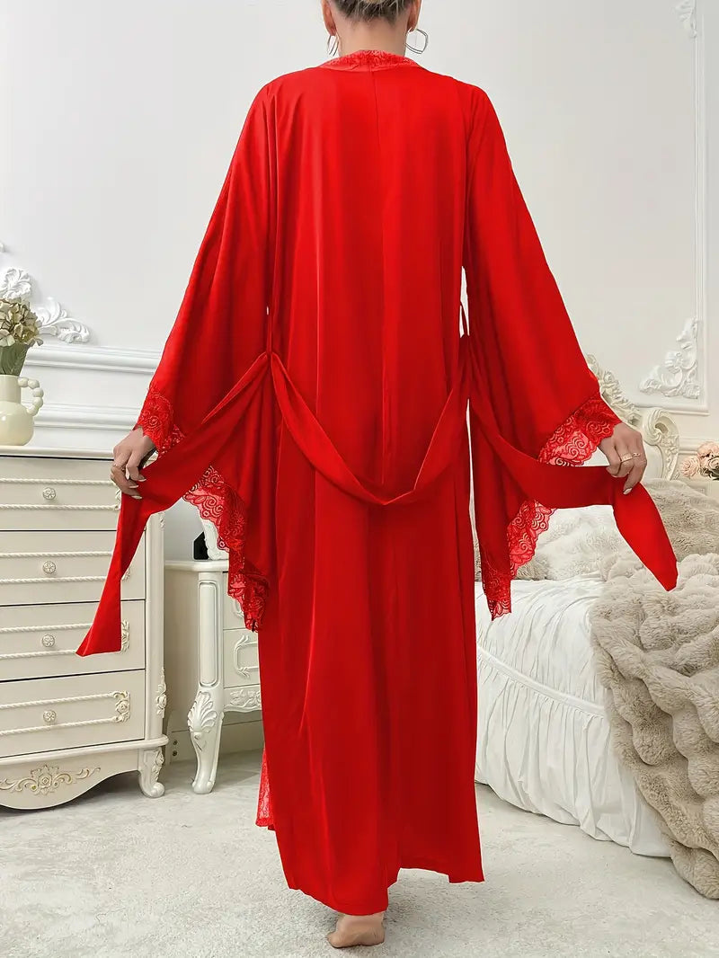 Isabelle – Kimono long en dentelle avec ceinture et manches larges femme