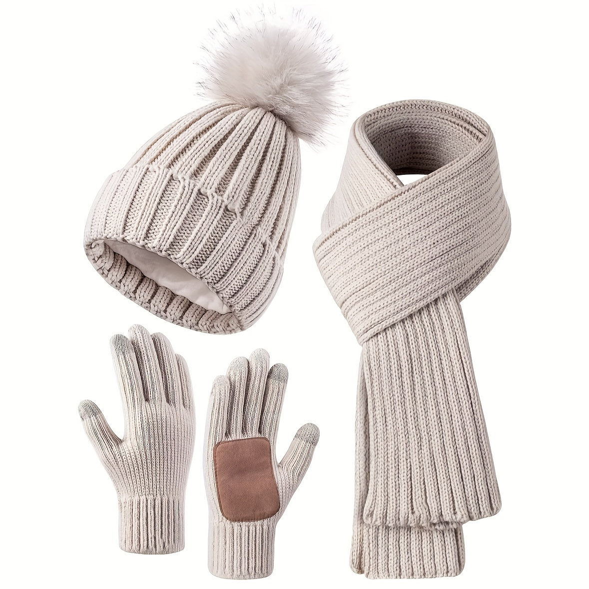 Léa – Ensemble d’hiver en maille 3 en 1 avec bonnet à pompon écharpe et gants tactiles femme