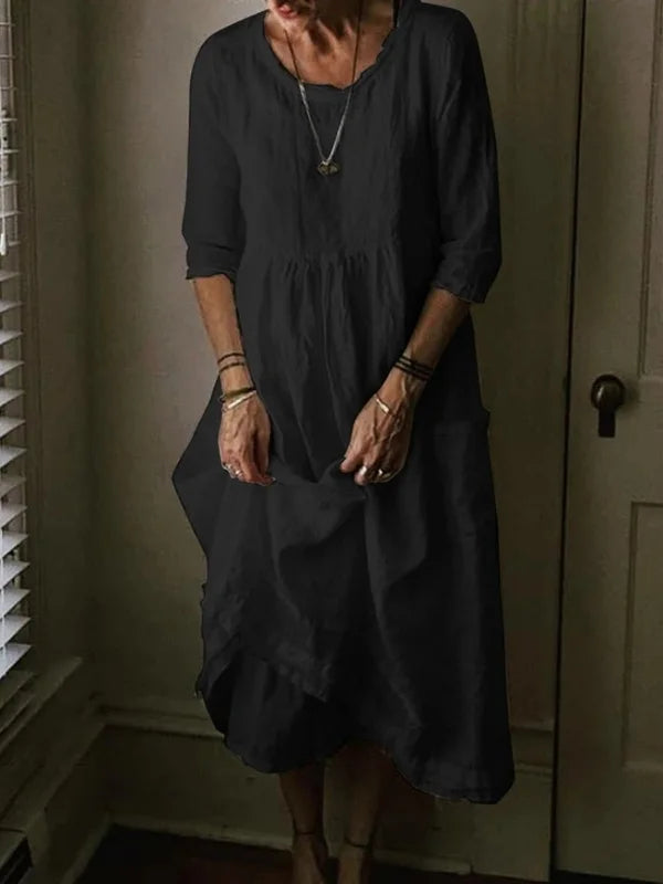 Robe en Lin Mélangé à Manches 3/4 – Élégance Naturelle et Confort Léger au Quotidien