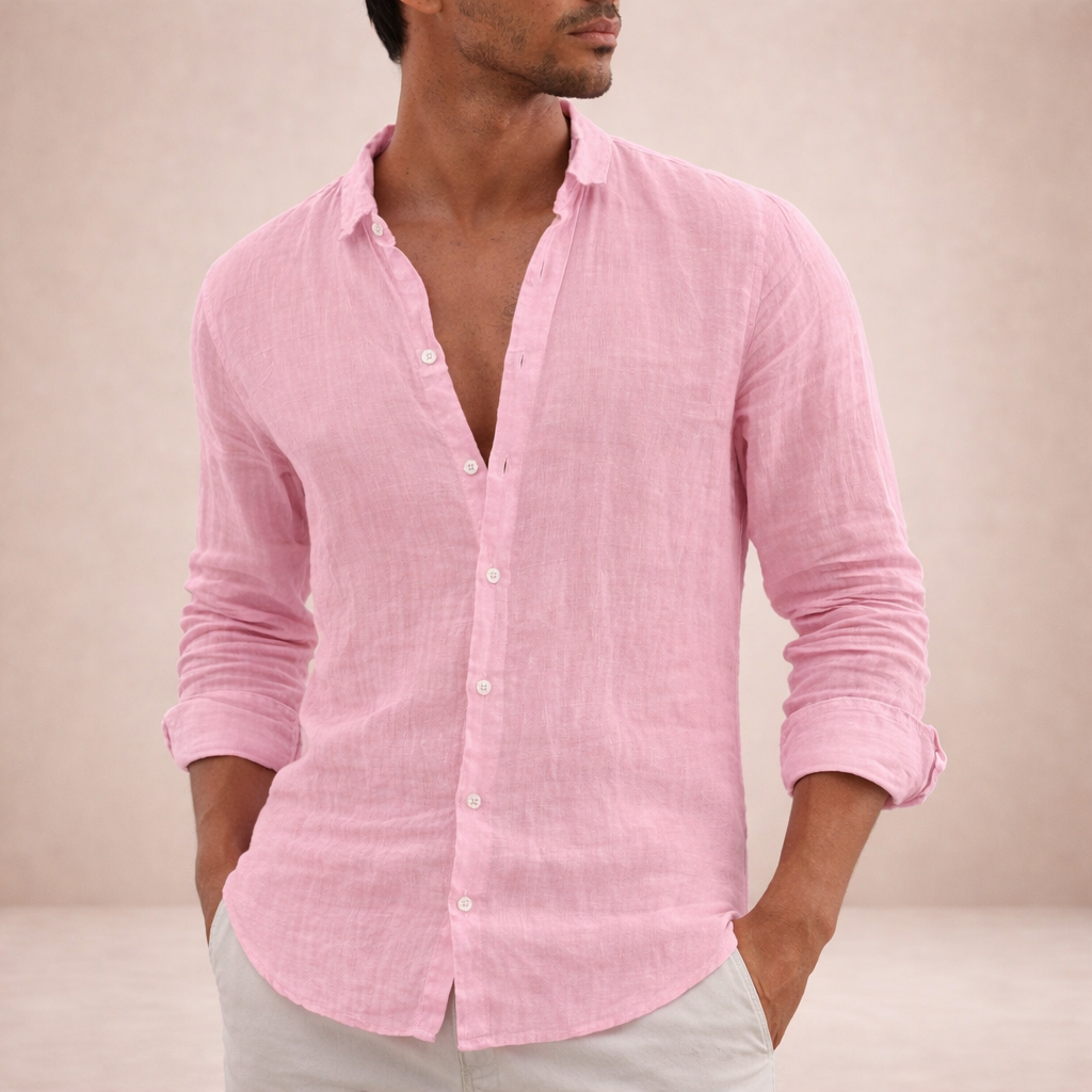 Chemise en lin homme à col ouvert coupe décontractée manches longues