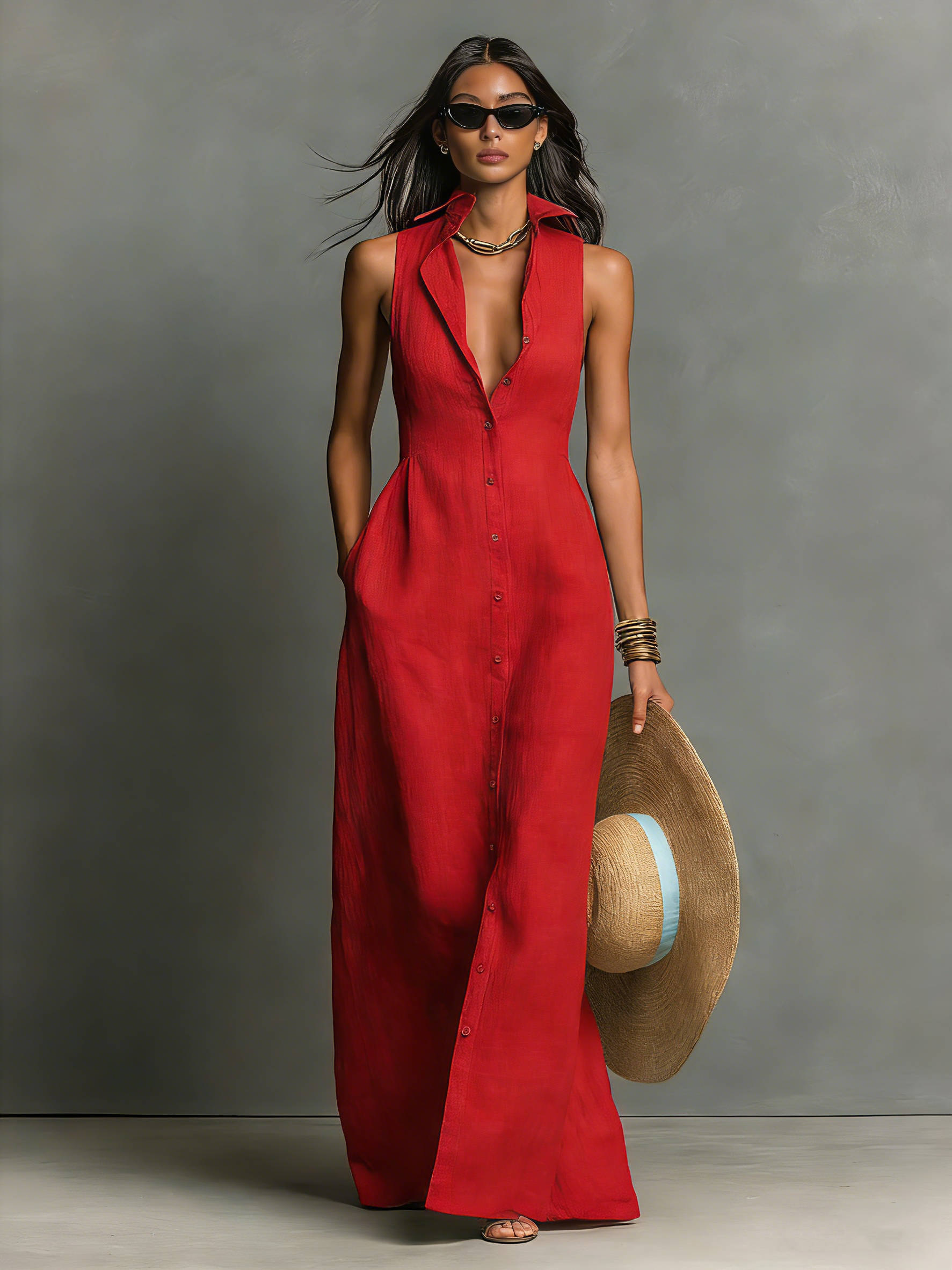 Rose – Robe chemise maxi sans manches en lin mélangé à col femme