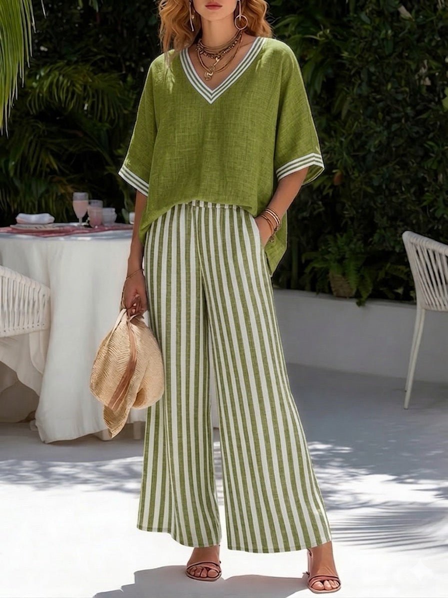 Ensemble femme en lin et coton à col V et pantalon large rayé