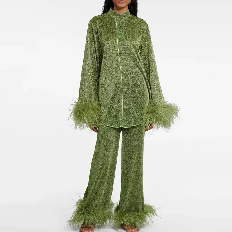 Ensemble deux pièces femme en maille à plumes pantalon large 3
