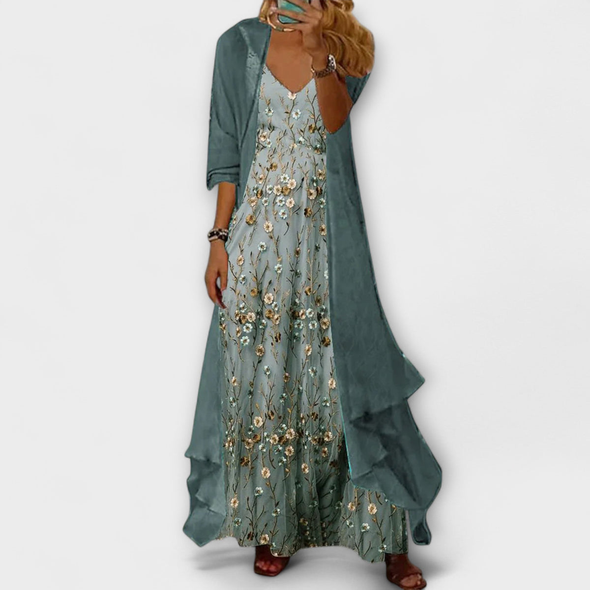 Ensemble deux pièces robe longue à fleurs et veste kimono femme 1