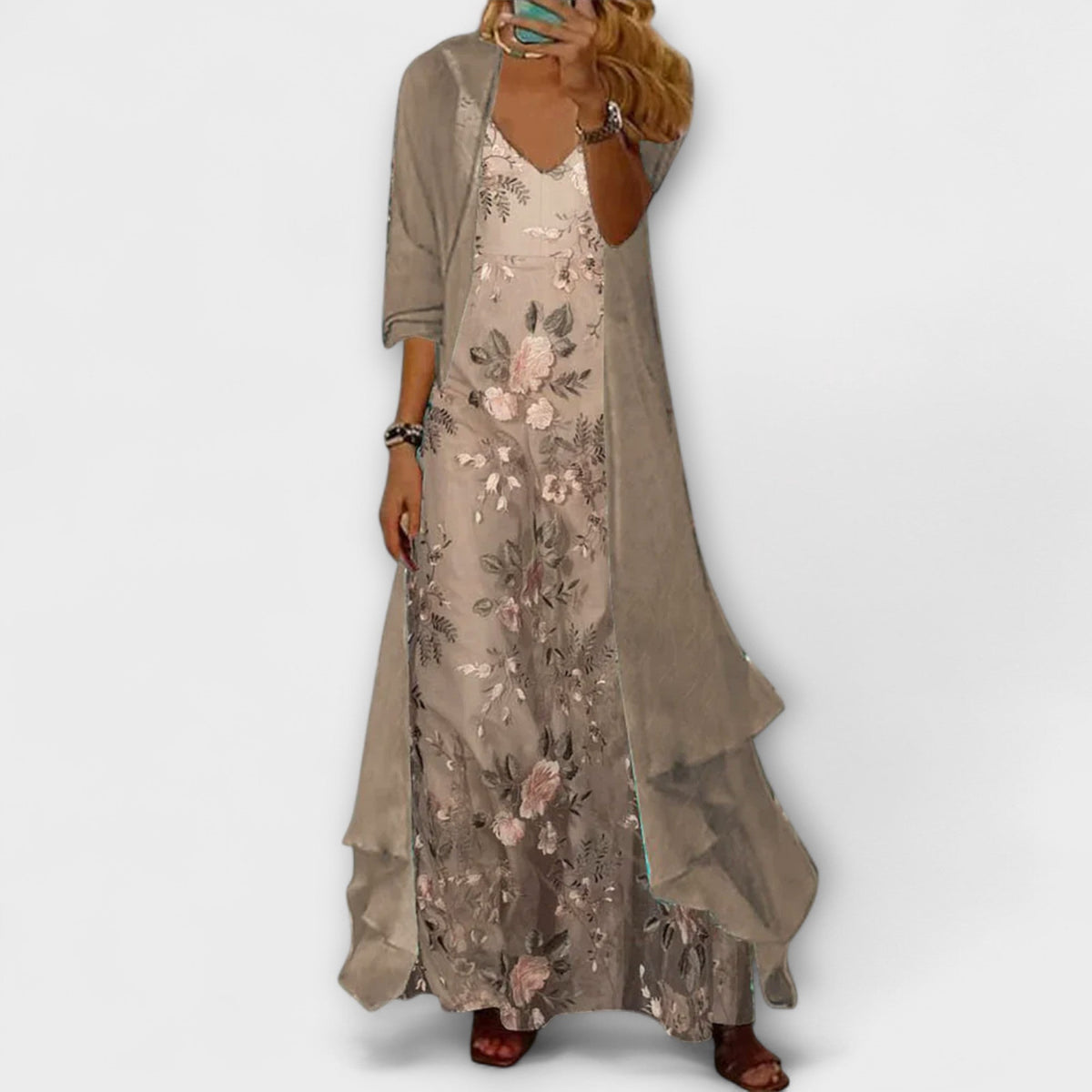 Ensemble deux pièces robe longue à fleurs et veste kimono femme 2