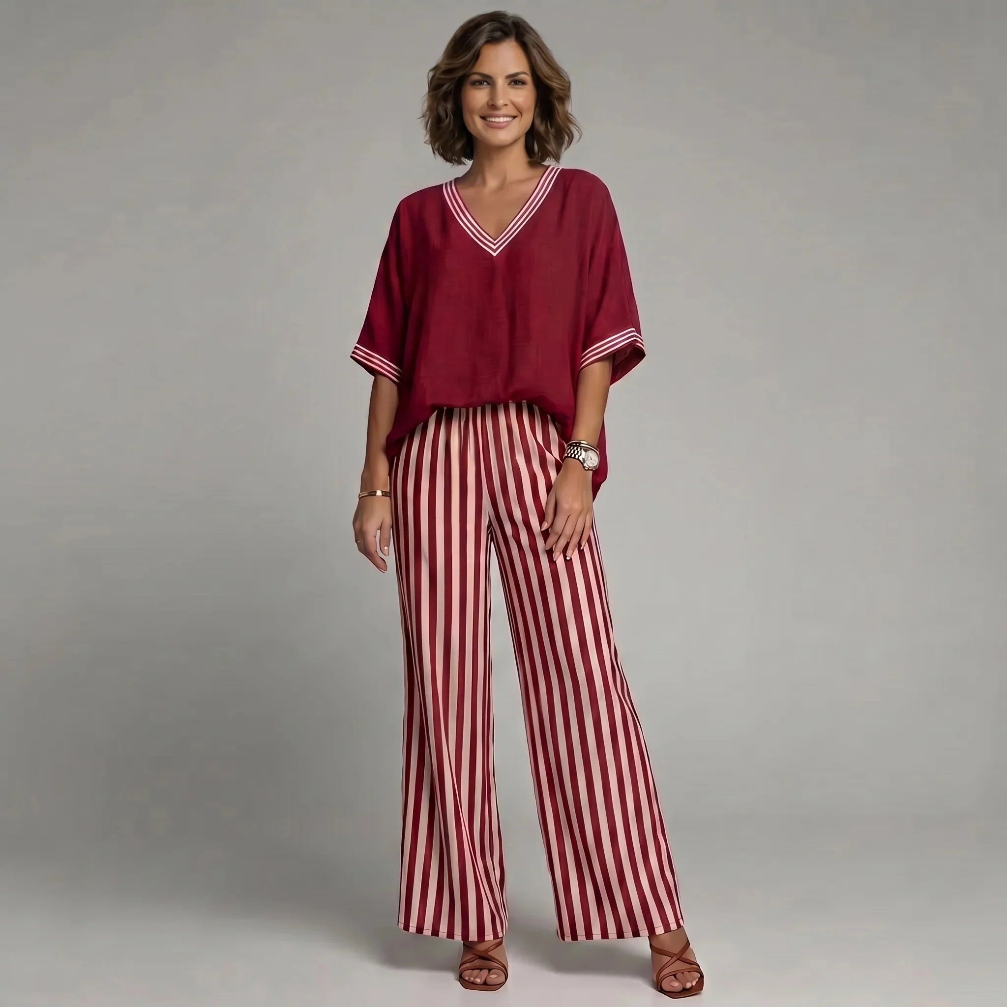 Ensemble femme en lin et coton à col V et pantalon large rayé