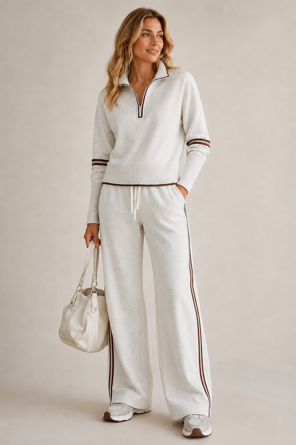 Ensemble jogging femme demi-zip à jambes larges et rayures 1