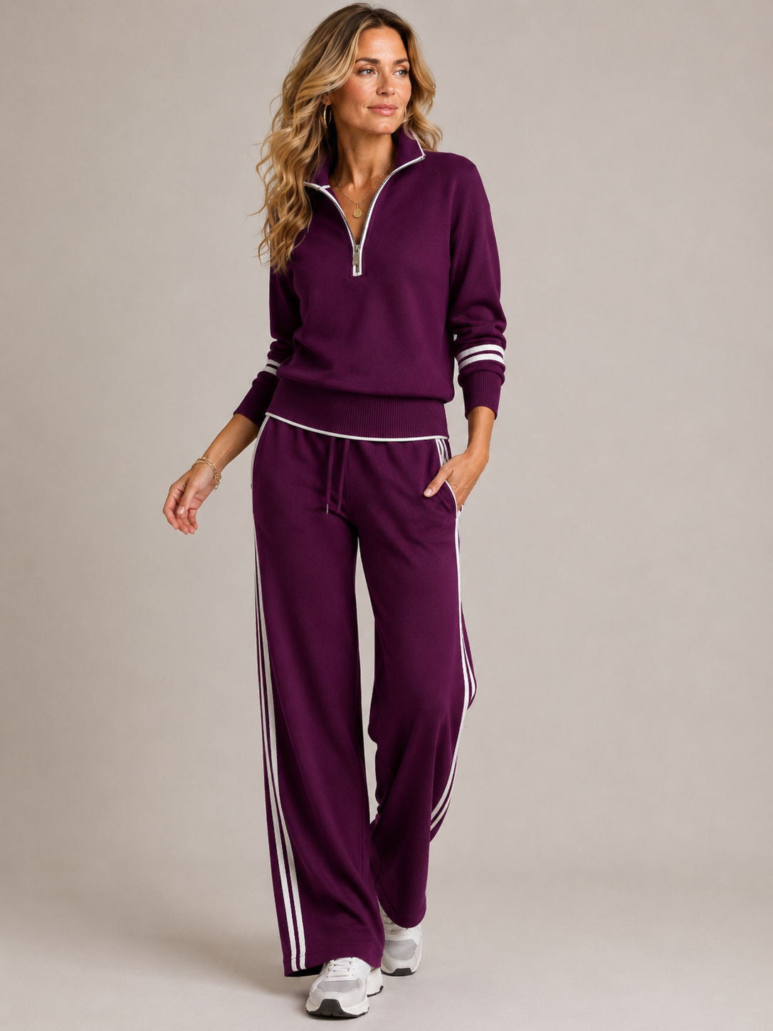 Ensemble jogging femme demi-zip à jambes larges et rayures 2