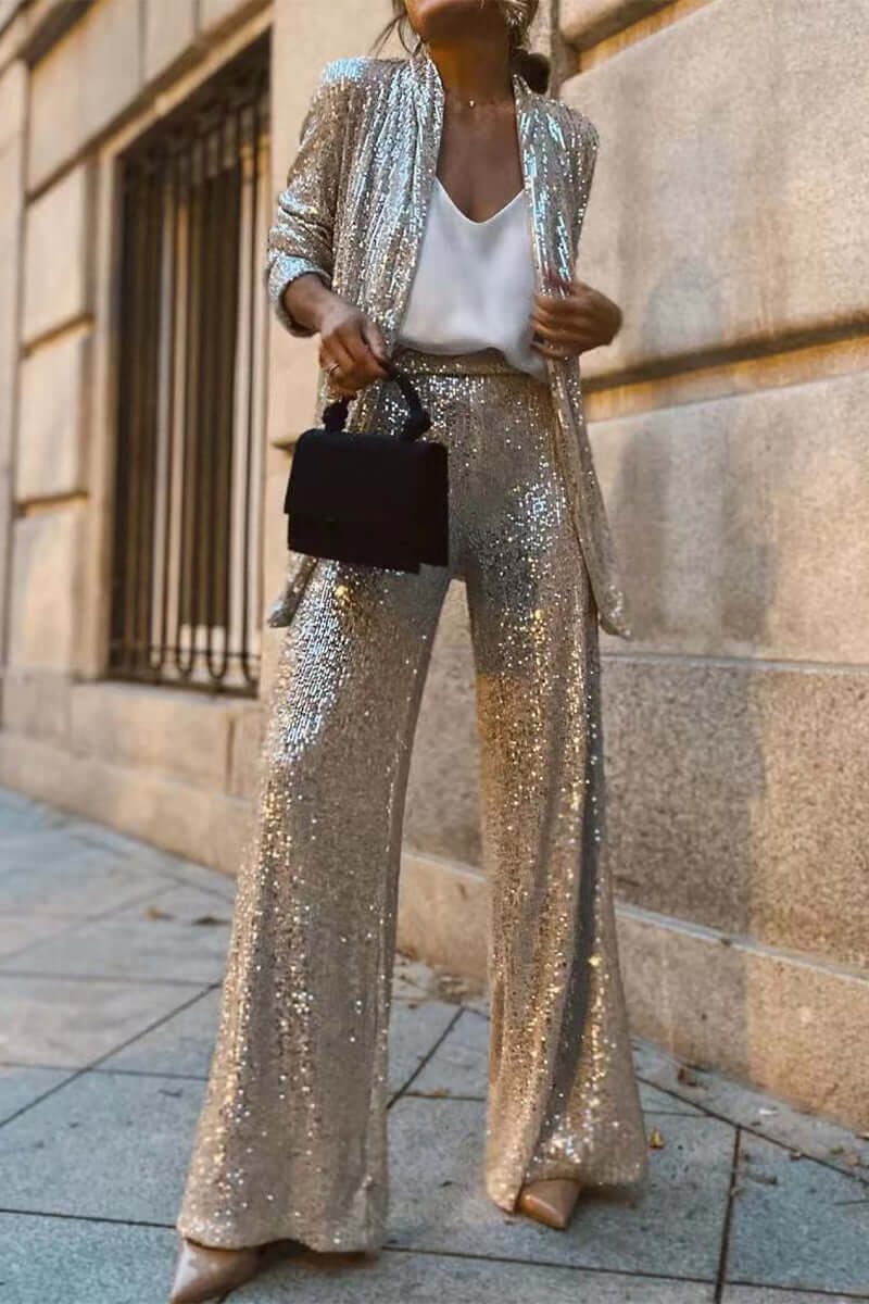 Ensemble à paillettes femme blazer et pantalon large 1