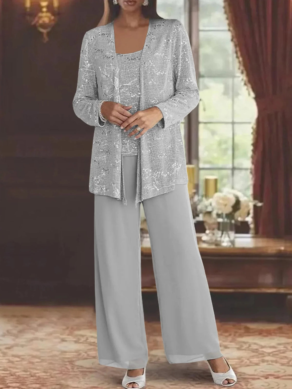 Ensemble pantalon femme habillé à paillettes manches longues 1