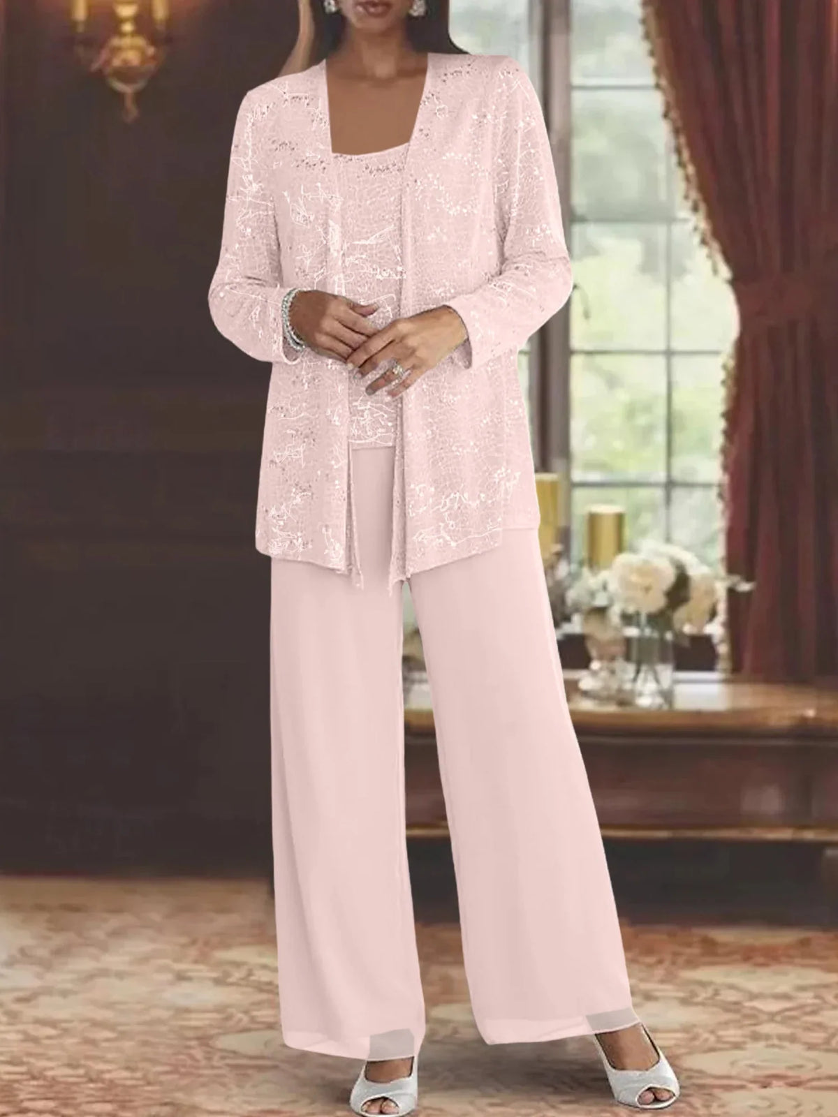 Ensemble pantalon femme habillé à paillettes manches longues 2