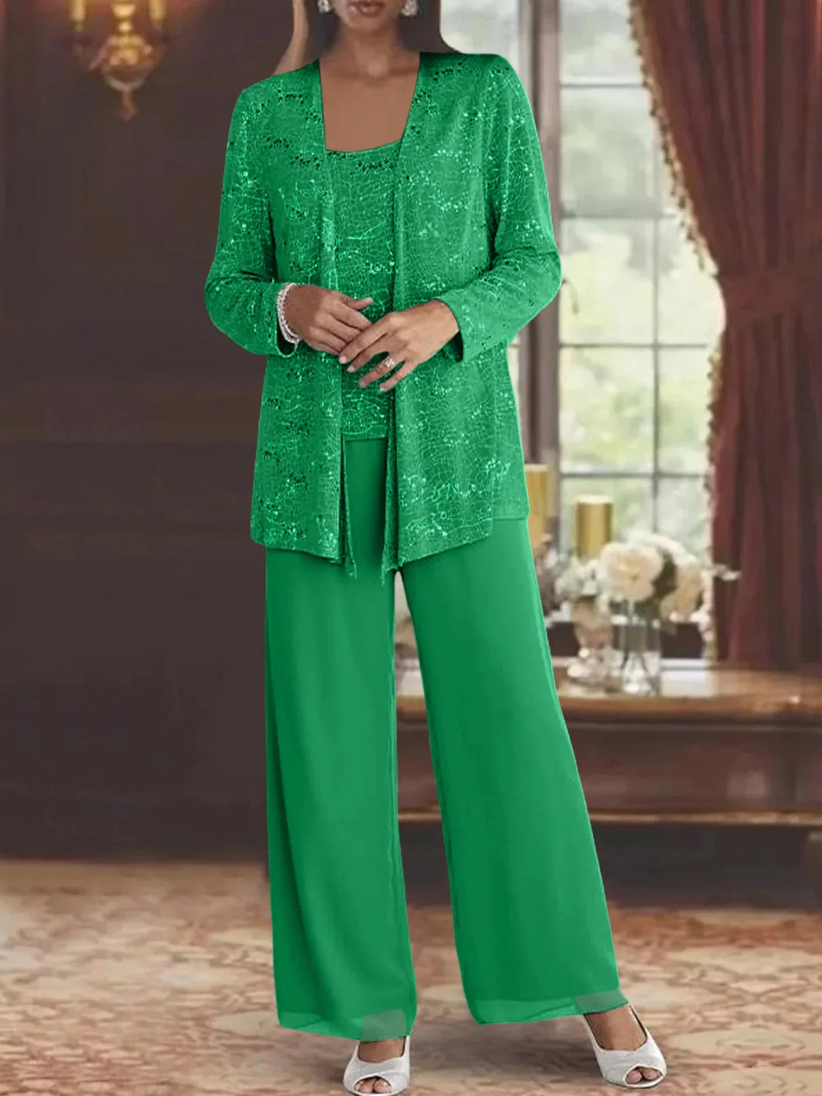 Ensemble pantalon femme habillé à paillettes manches longues 3