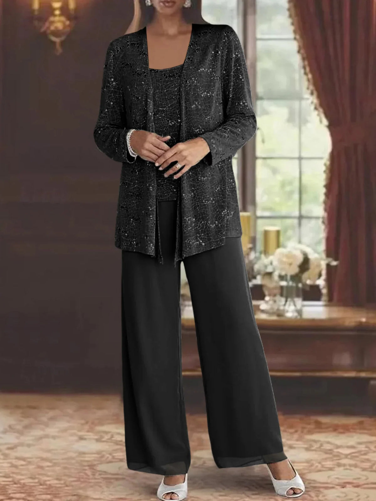 Ensemble pantalon femme habillé à paillettes manches longues 4