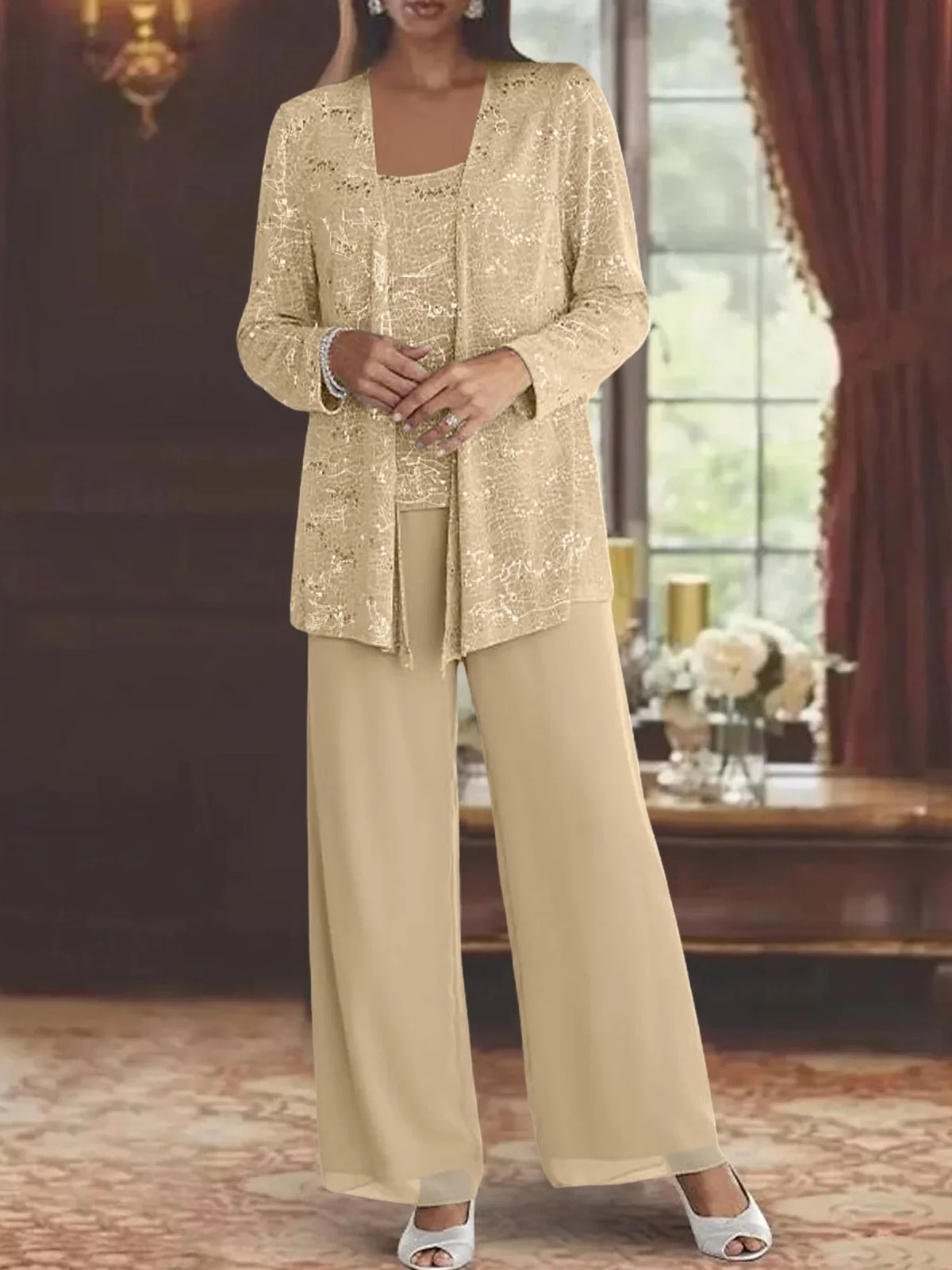 Ensemble pantalon femme habillé à paillettes manches longues 5