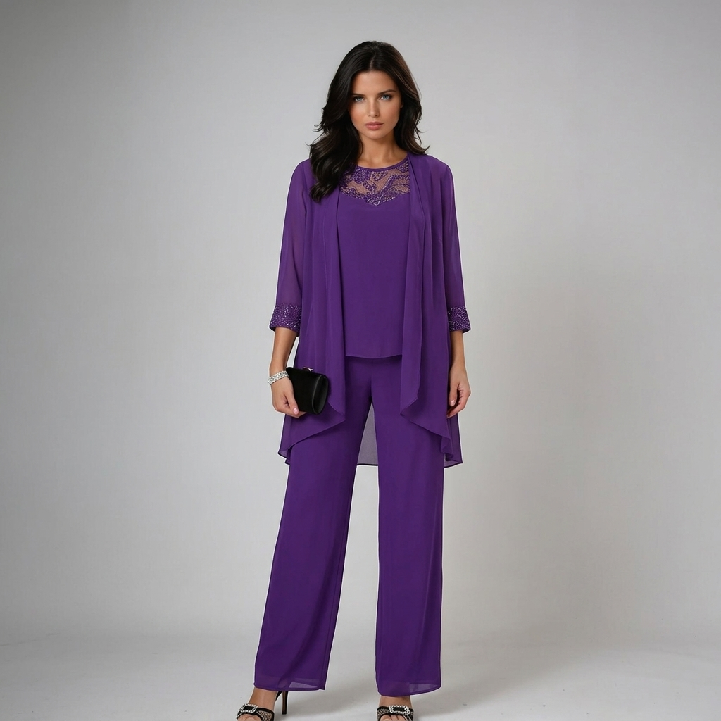 Ensemble pantalon femme trois pièces en dentelle à veste transparente 3