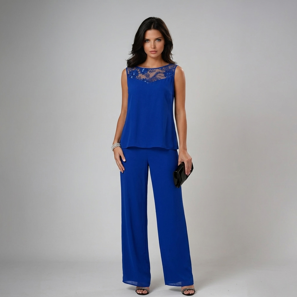 Ensemble pantalon femme trois pièces en dentelle à veste transparente 5
