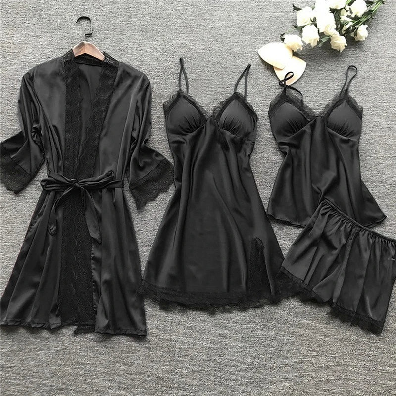 Ensemble pyjama femme en satin et dentelle avec caraco et peignoir 2