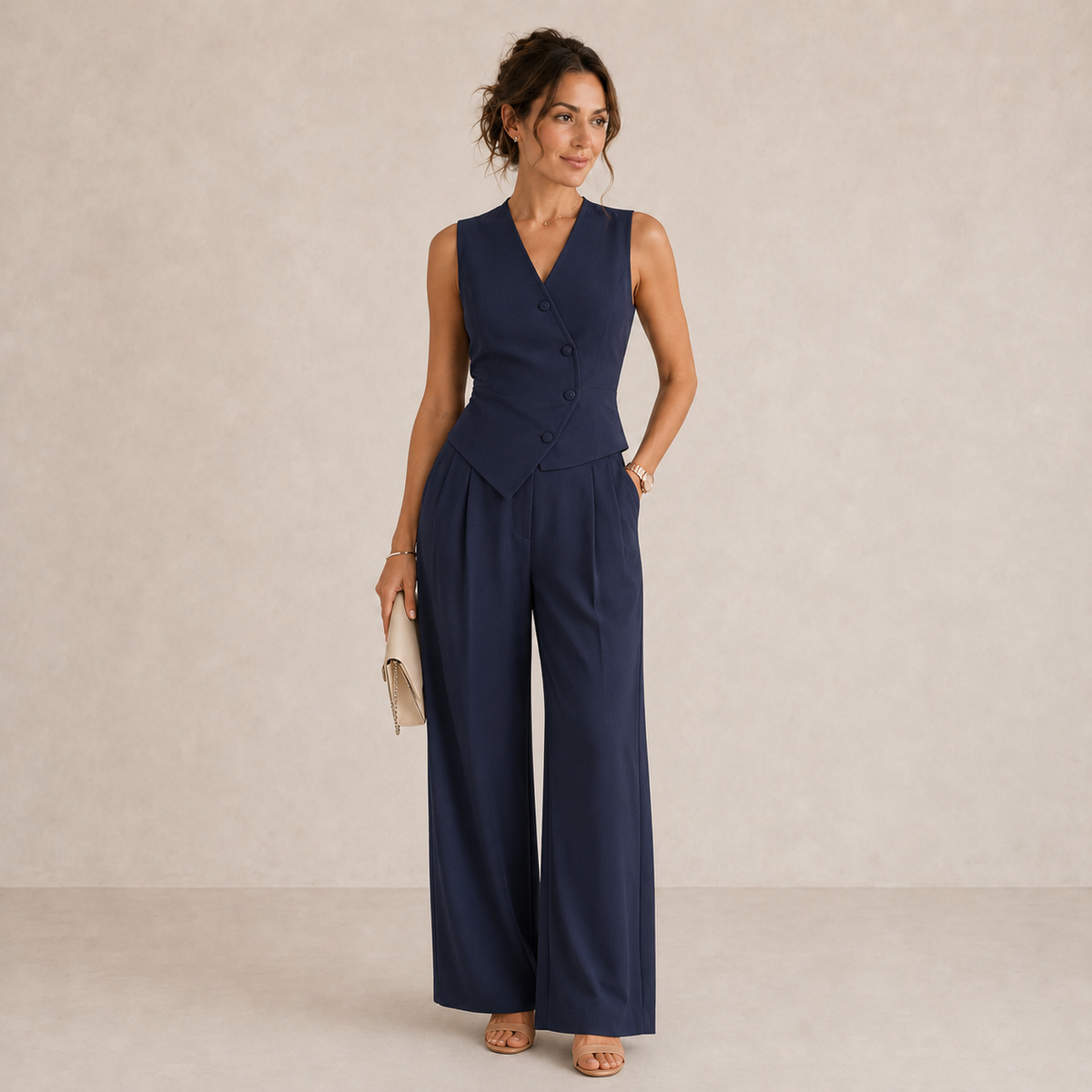 Ensemble tailleur femme gilet sans manches et pantalon large 4