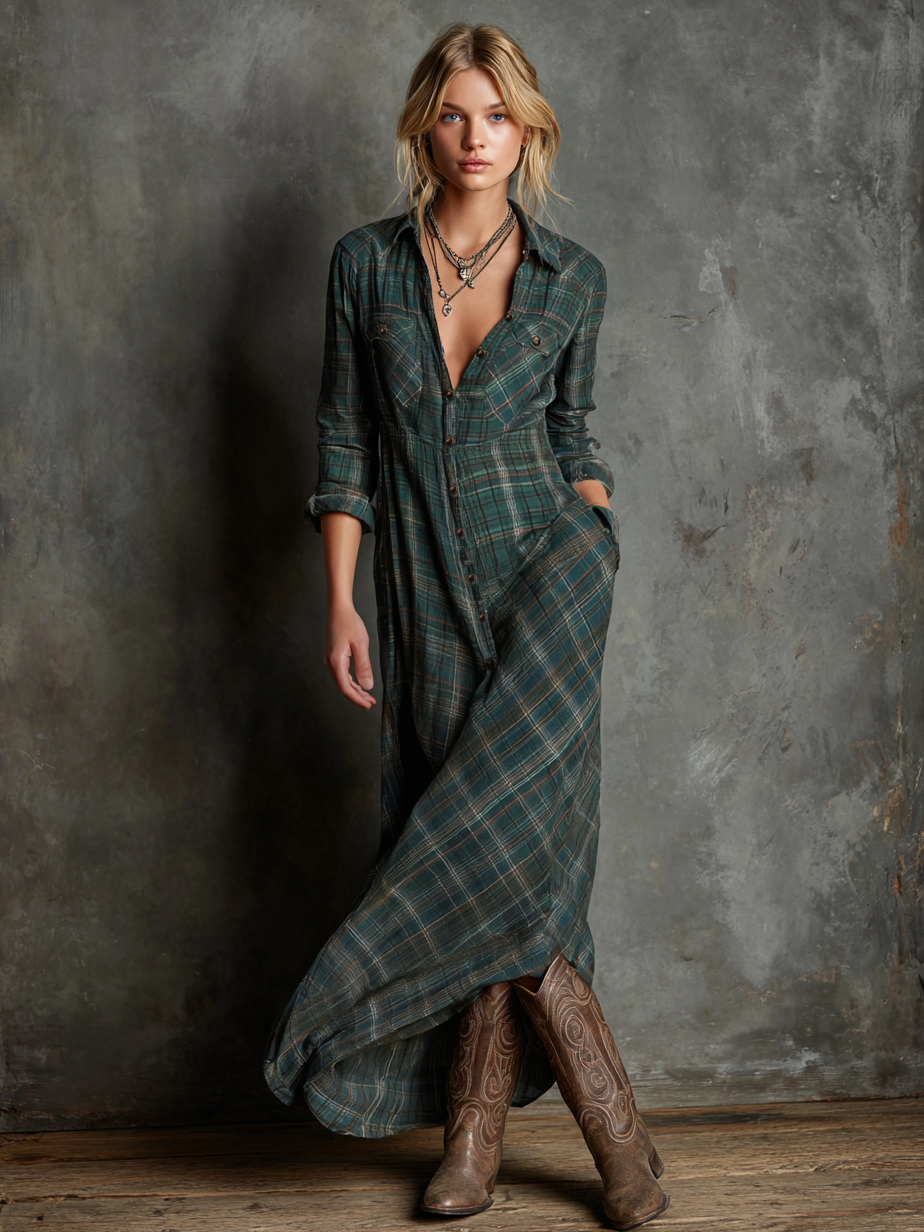Lucie – Robe chemise maxi à carreaux femme
