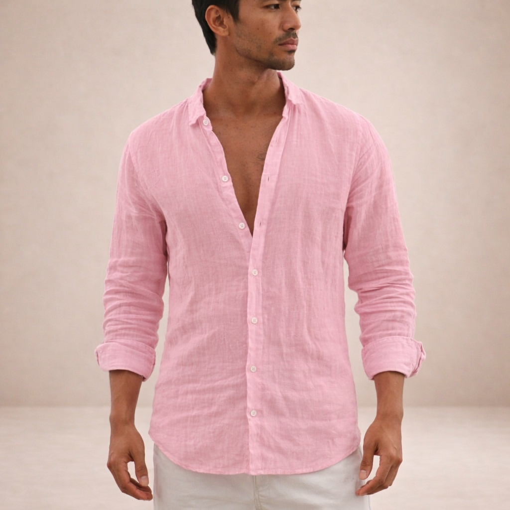 Chemise en lin homme à col ouvert coupe décontractée manches longues