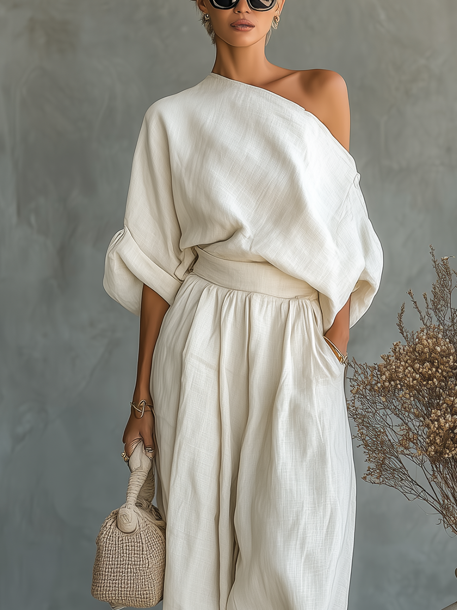 Émilie – Ensemble deux pièces en lin avec top à épaules dénudées et pantalon fuselé femme