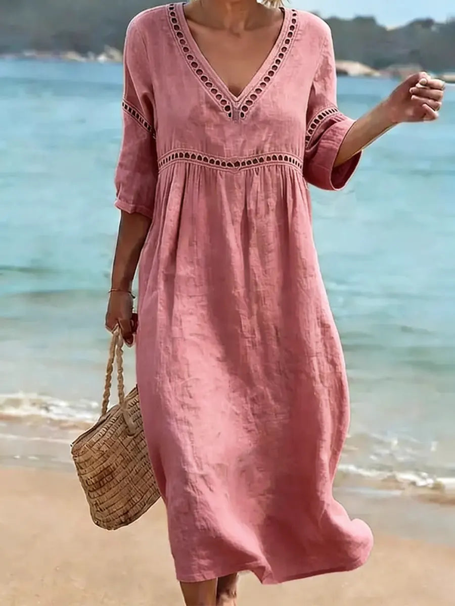 Robe midi fluide en coton à col V et manches courtes